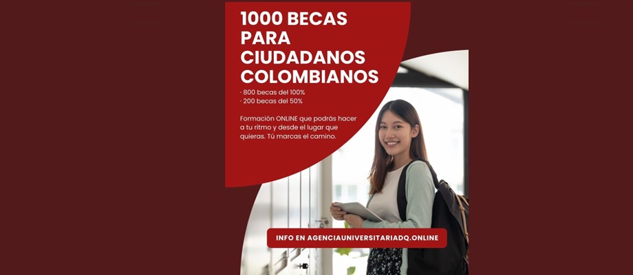 Con apoyo de la Embajada de Colombia en España, la Agencia Universitaria DQ abre convocatoria de 1.000 becas para ciudadanos colombianos.  Una gran oportunidad para dar el siguiente paso en tu formación académica y profesional.  •    Programas de calidad •    Más oportunidades para tu futuro •    Invierte hoy en tu educación •    Cupos limitados  Conoce toda la información y postúlate aquí: https://agenciauniversitariadq.online/programa-de-ayudas-al-estudio-a-estudiantes-colombianos/